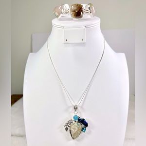 Beautiful Moss Agate Biwa Pearl 925 Pendant & Bracelet Set